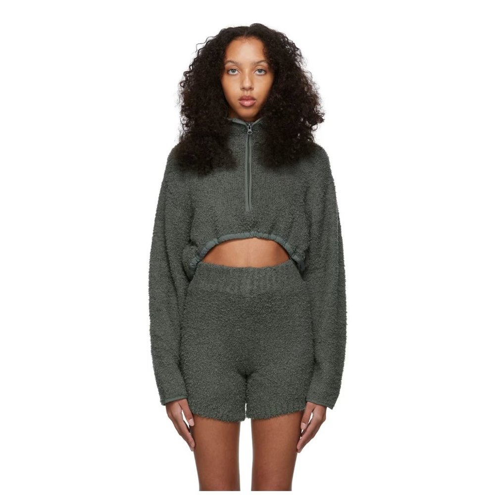 Skims Cozy Knit Cropped Pullover / XXS / XS / Juniper Green Shag Sweater 1/2 Zip